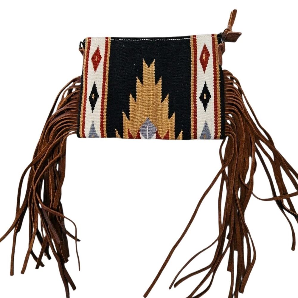 American Darling Saddle Blanket Purse Leather Fringe Multicolored Geometric 8X10